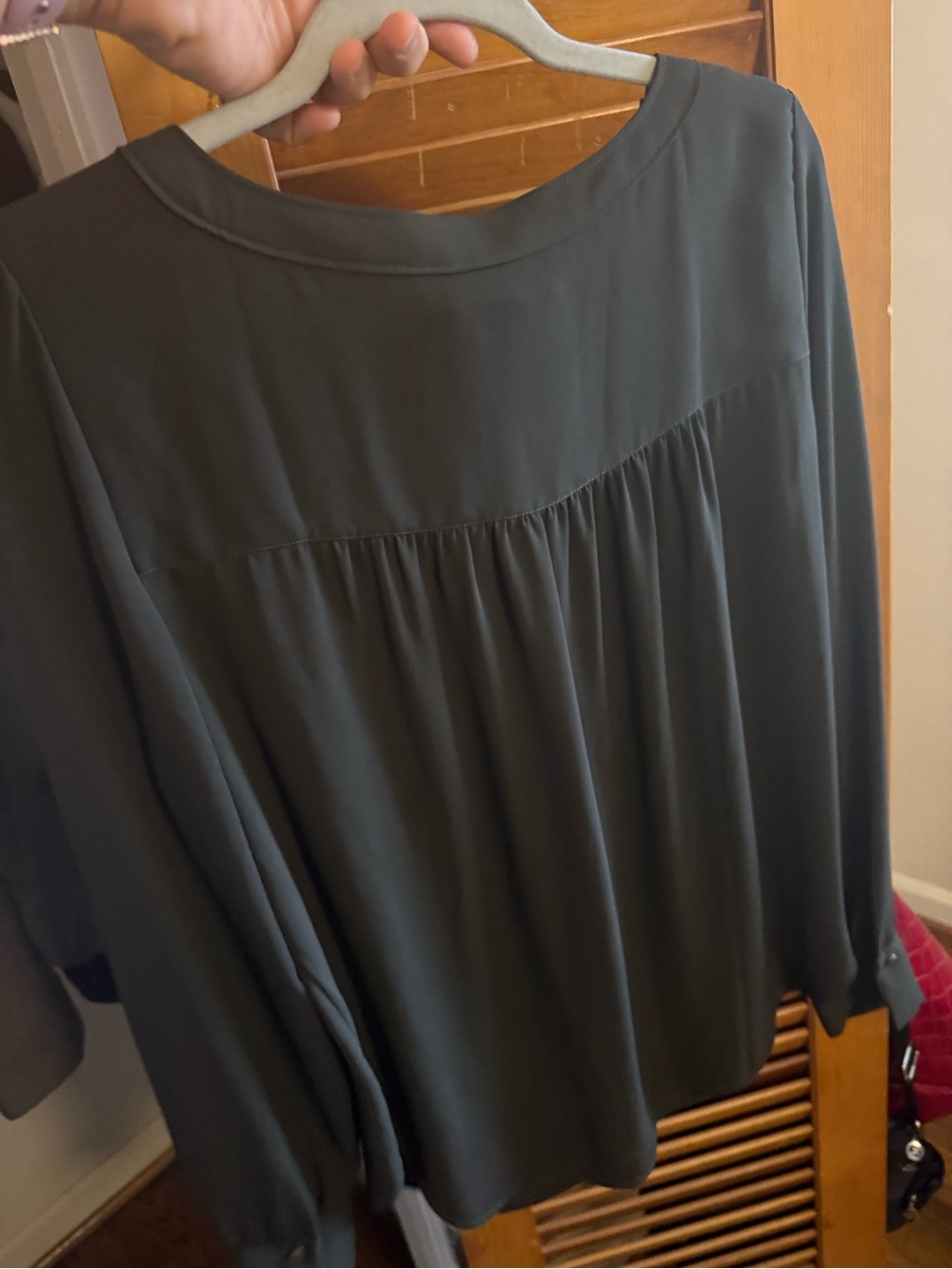 LOFT Dark Green Long-Sleeve Gathered Back Blouse